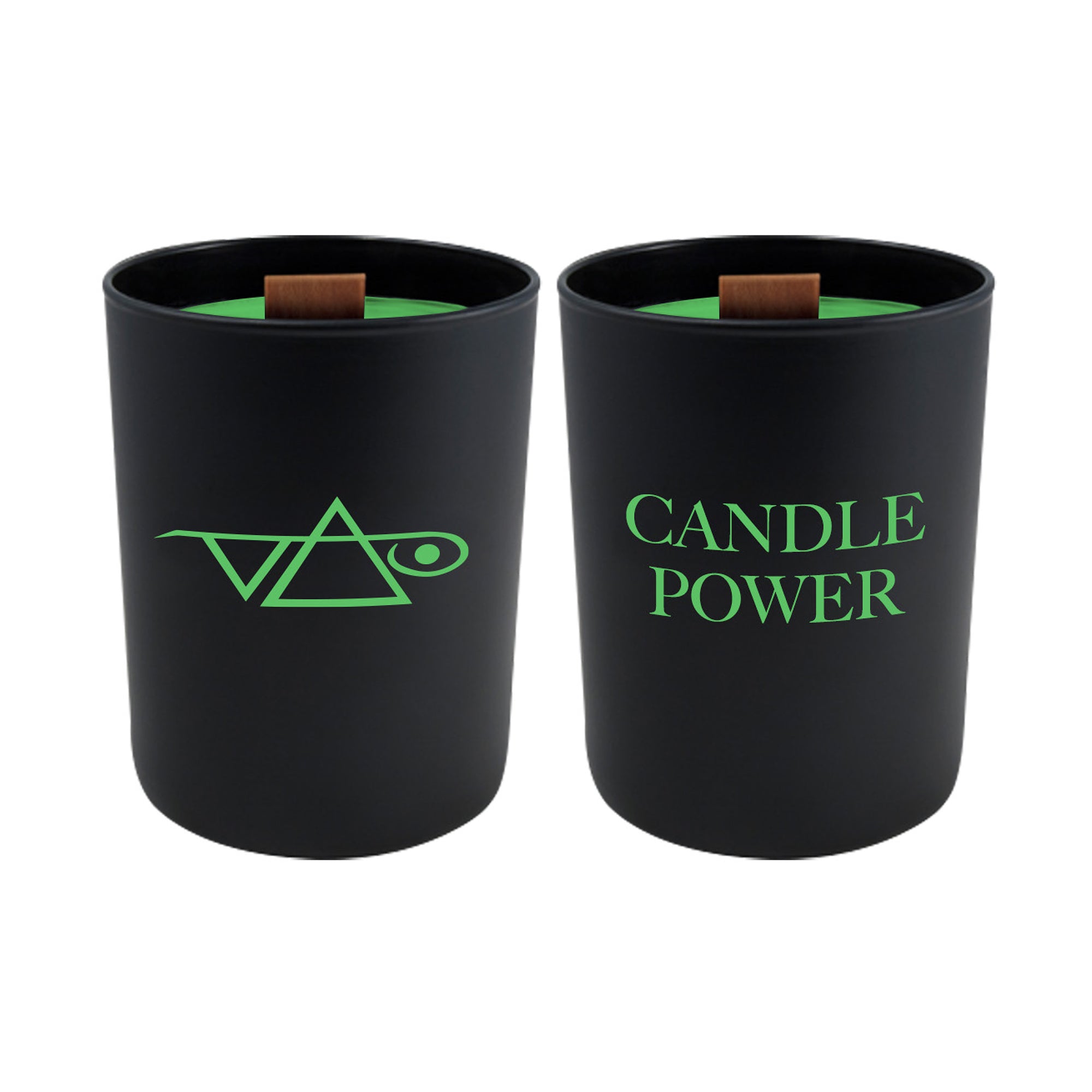 Image of the front and back of a black candle against white background. The front of the candle has a green steve vai logo that makes the word "vai" with an upside down triangle, a right side up one, and a line going across the triangles with a curl at the end next to the triangle that is upright. The back in green text reads "candle power".