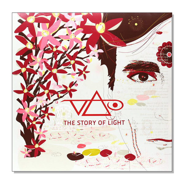 album artwork against white background. the artwork is a drawing- the left side has red and pink flowers with yellow centers. the right side is a drawing of half of steve vai's face, looking at the camera. the center features the steve vai logo in red, below that reads "the story of light".  The steve vai logo makes the word "vai" with an upside down triangle, a right side up one, and a line going across the triangles with a curl at the end next to the triangle that is upright. 