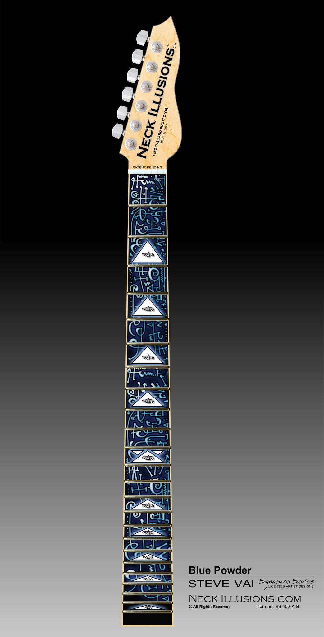  image of guitar neck with a fret protector on it against a black to grey to white gradient background. it has a lot of abstract shapes in black, white, and light blue. some of the spaces have white triangles with a black outline with the steve vai logo in the center. The steve vai logo makes the word "vai" with an upside down triangle, a right side up one, and a line going across the triangles with a curl at the end next to the triangle that is upright. 