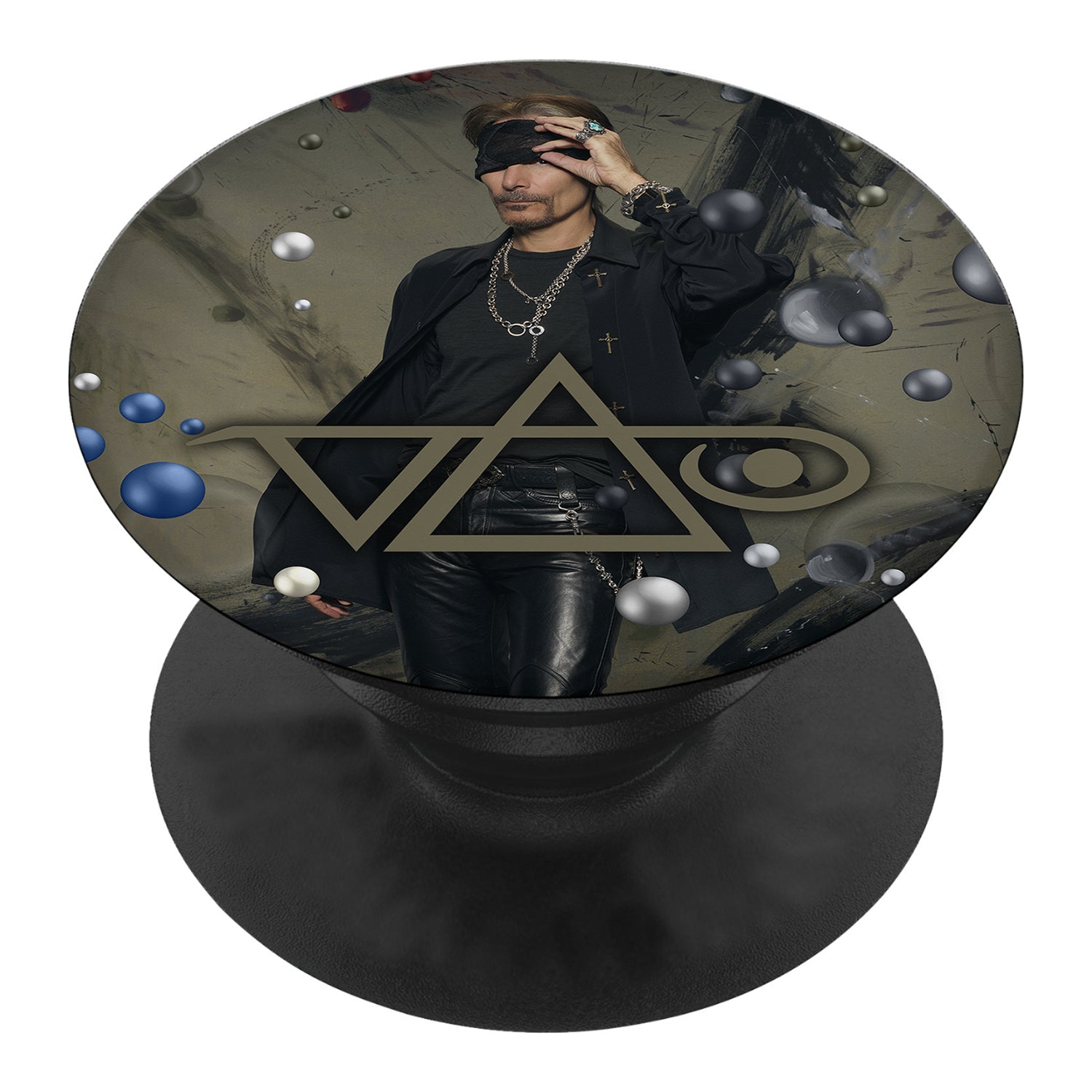 A round Steve Vai phone holder features a person in black attire with jewelry adjusting a headband, set against floating spheres and geometric symbols like a triangle and circle overlaying the image.