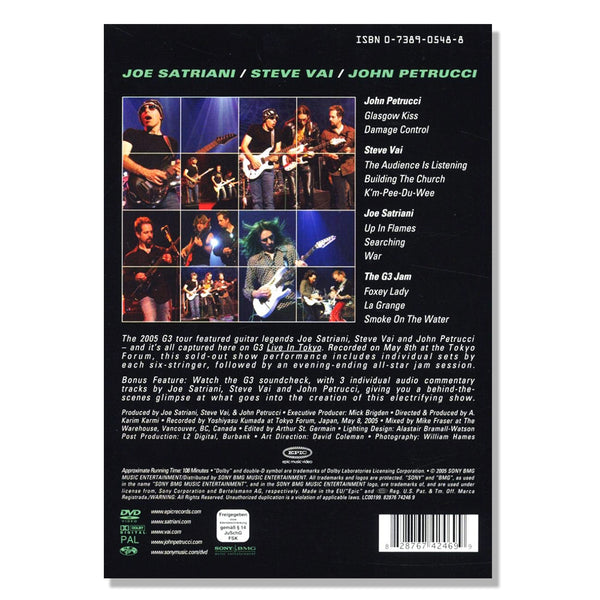 back of the dvd cover for g3 live in tokyo against white background. the dvd cover is black and features a grid of live images of the group playing on stage. across the top in green reads "joe satriani, steve vai, john petrucci". below this and the grid imagery is a bio about the group and the dvd in white text.