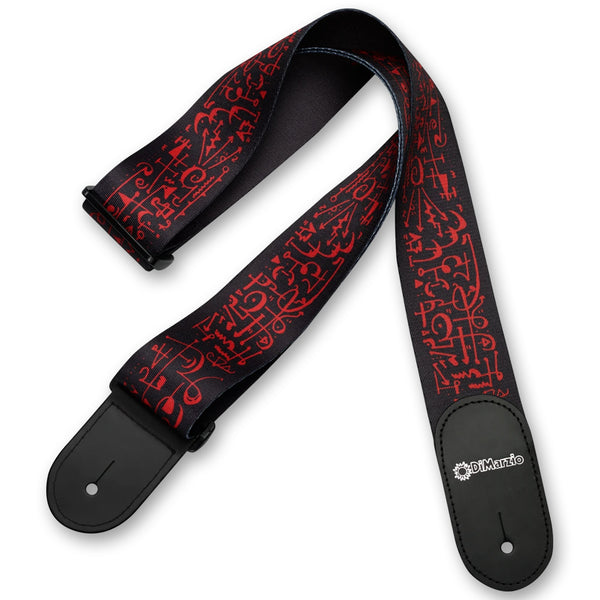 Image of a guitar strap against white background. the guitar strap has black at the bottom where it attaches to the guitar and in white says "DiMarzio".  the strap is black with red music notes and symbols all over it.