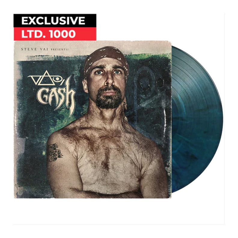 Steve Vai vinyl record with cover art of a shirtless, bearded man in a red bandana. Vai Gash title and Exclusive LTD. 1000 banner appear on the cover. Features limited edition marbled blue-green vinyl for a unique release.