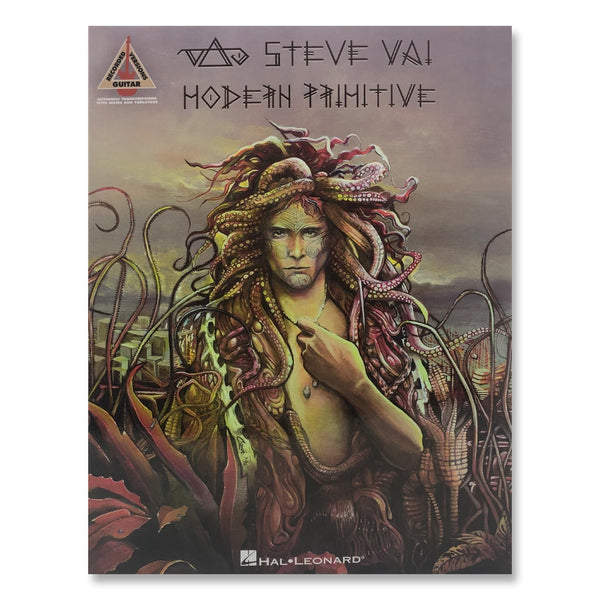 image of steve vai- modern primitive album artwork as a guitar tab book against white background. across the top reads steve vai, modern primitive. there is a medusa like graphic of a person looking at the camera. the background behind them is a greyish brown. there are tentacles all around the person in a dark red, brown and white colors.