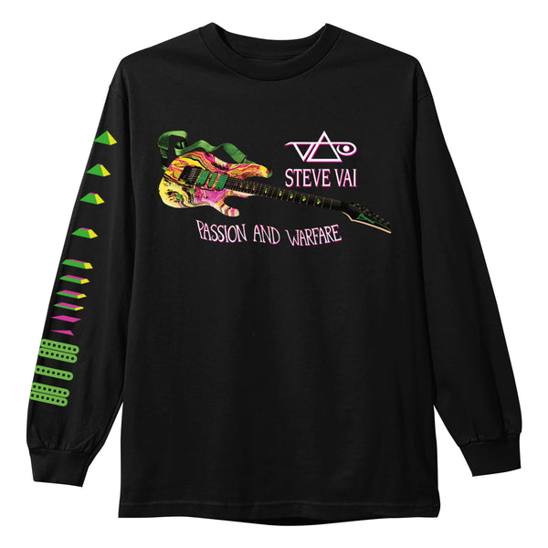 Steve Vai black long-sleeve shirt with a vibrant electric guitar graphic, STEVE VAI logo above, PASSION AND WARFARE below, and bold green, pink, and yellow geometric patterns on the left sleeve.
