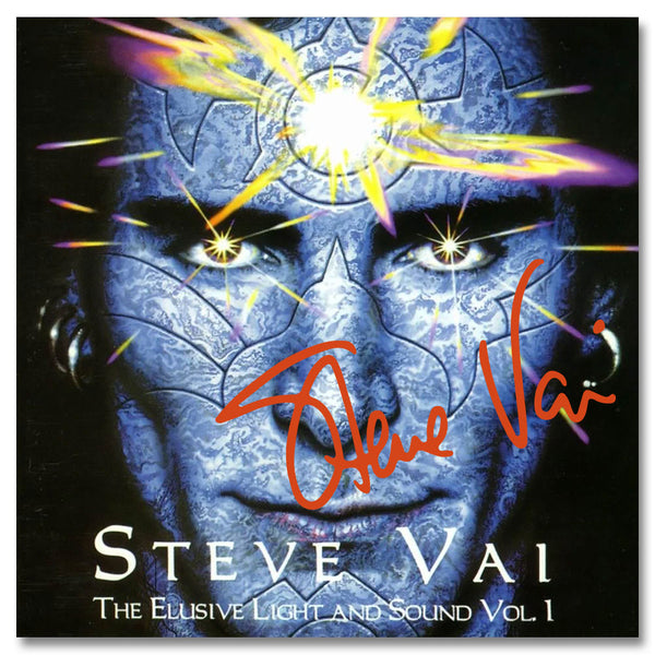 Signed CD cover of Steve Vai's album 'The Elusive Light and Sound Vol. 1' featuring a graphic design with multiple exposure effects and the artist's signature in red.