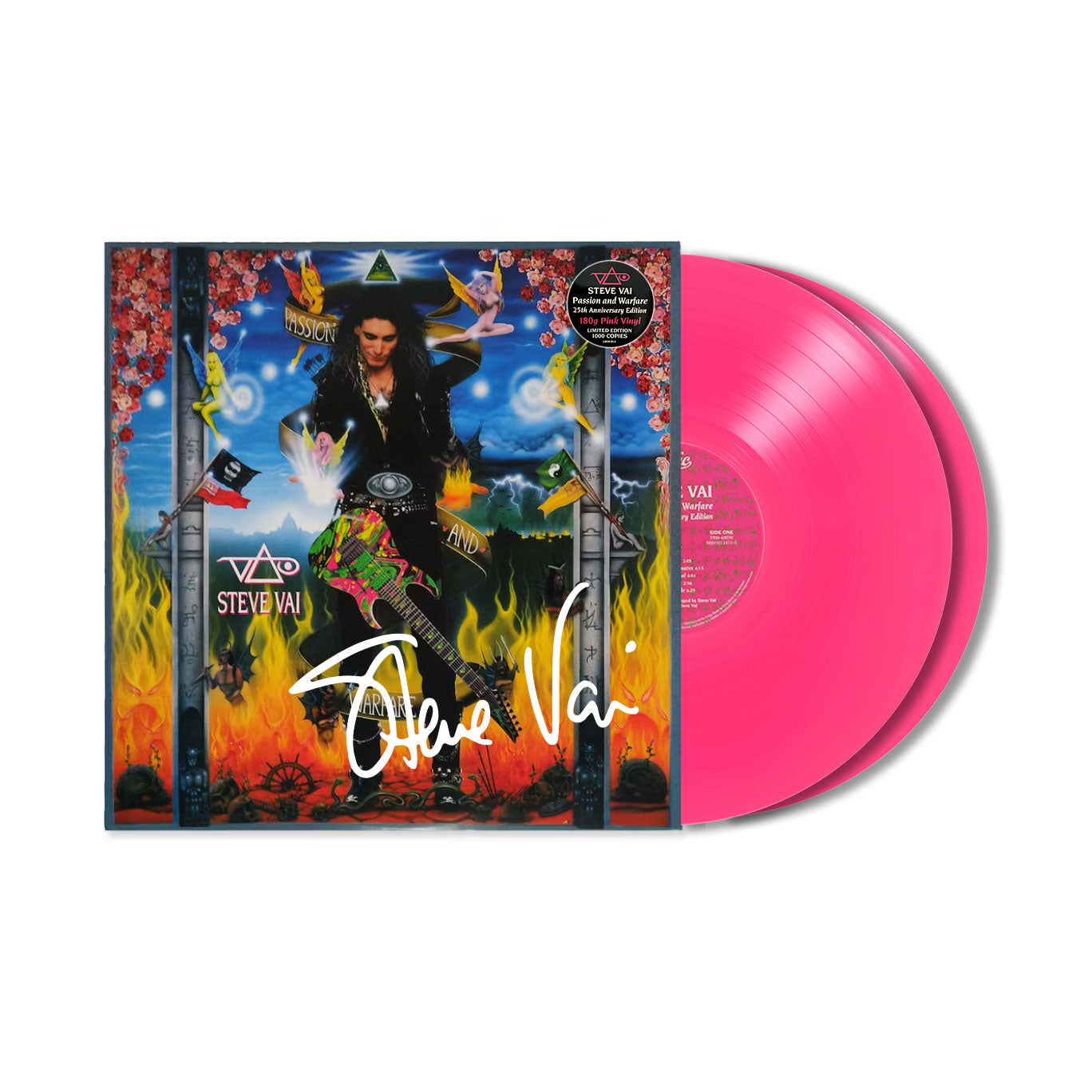 Celebrate the 25th anniversary of Steve Vai’s Passion & Warfare with this double pink vinyl edition. Featuring surreal cover art, his white signature, flames, doves, and flags—a collectible signed vinyl for fans.