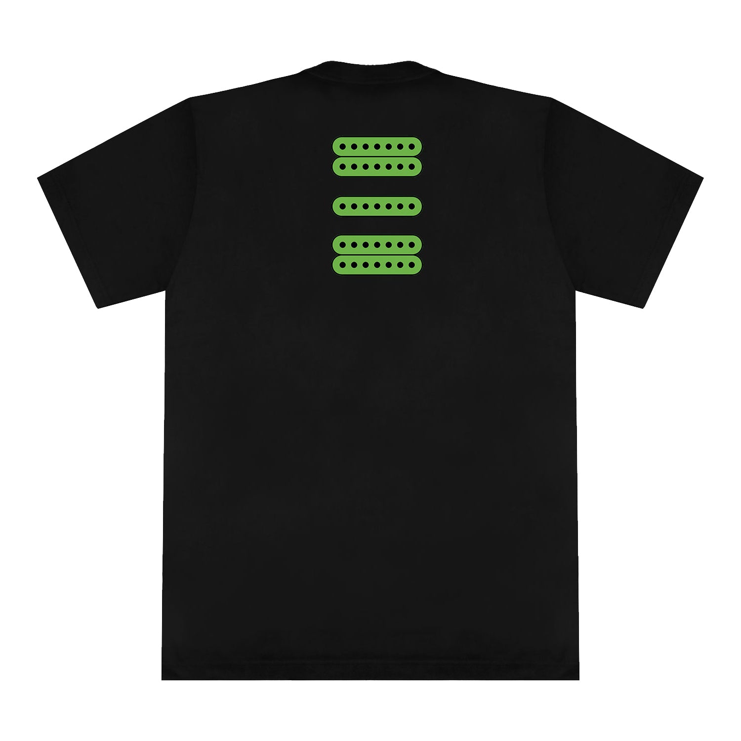 A black Steve Vai Comfort Colors T-shirt with four horizontal rows of green ovals, each with small holes, printed on the upper back.