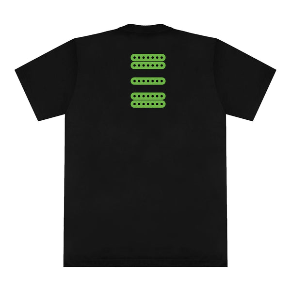 A black Steve Vai Comfort Colors T-shirt with four horizontal rows of green ovals, each with small holes, printed on the upper back.