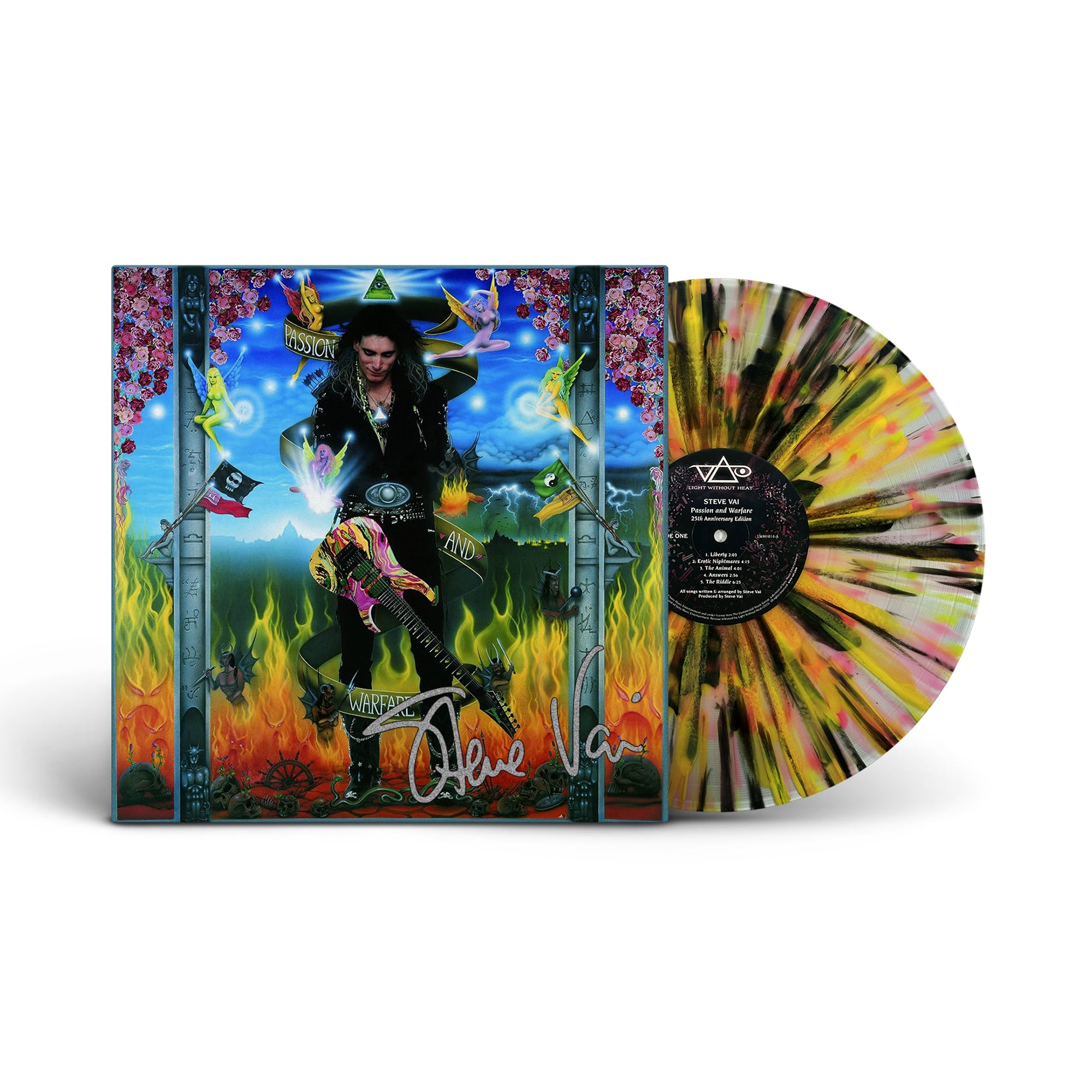 A vibrant Steve Vai Passion & Warfare vinyl with a yellow, black, and pink splatter design sits beside its vivid album cover featuring a long-haired figure amid flames, flowers, electric guitars, and cosmic details.