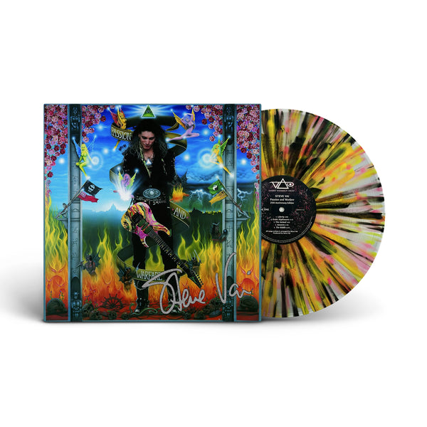A vibrant Steve Vai Passion & Warfare vinyl with a yellow, black, and pink splatter design sits beside its vivid album cover featuring a long-haired figure amid flames, flowers, electric guitars, and cosmic details.
