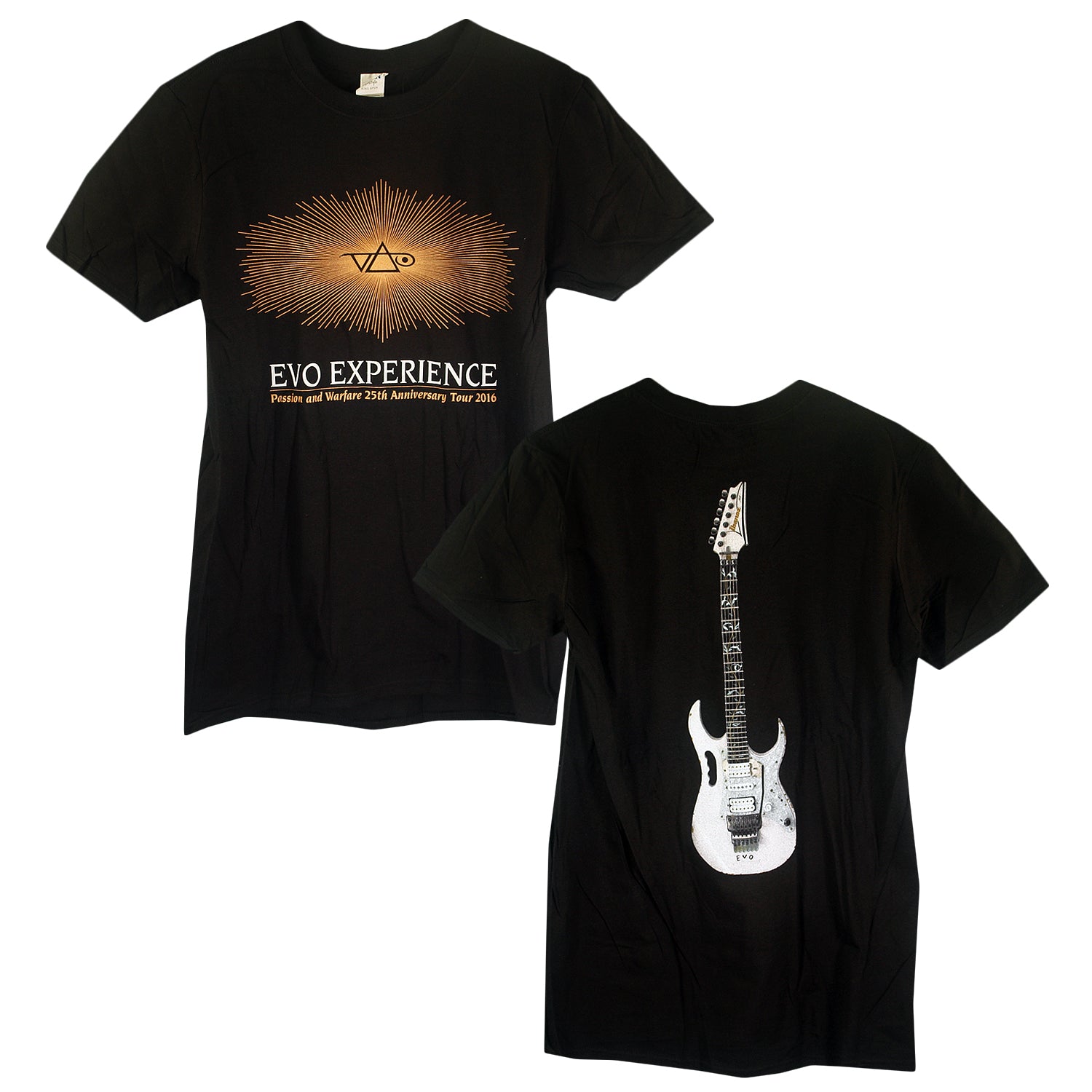 Steve Vai Black Tour T-Shirt with sunburst and EVO Experience logo on front, plus 25th Anniversary Passion and Warfare Tour 2016 text; back features a bold white electric guitar graphic.