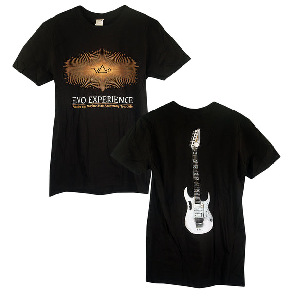 Steve Vai Black Tour T-Shirt with sunburst and EVO Experience logo on front, plus 25th Anniversary Passion and Warfare Tour 2016 text; back features a bold white electric guitar graphic.