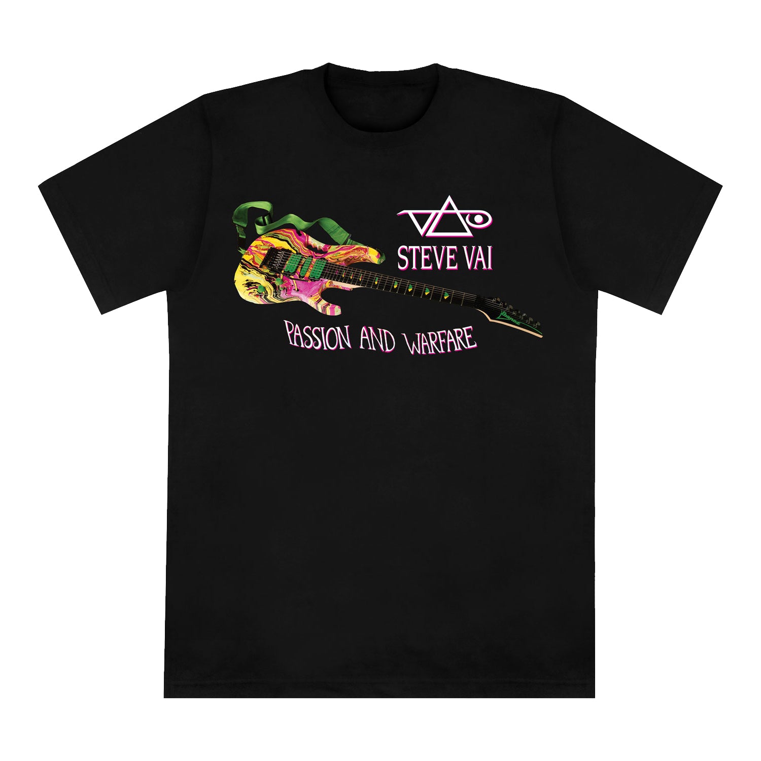 Steve Vai black T-shirt made from high-quality fabric, showcasing a vibrant electric guitar graphic, white Steve Vai logo, and “STEVE VAI” plus “PASSION AND WARFARE” in pink and white across the chest.