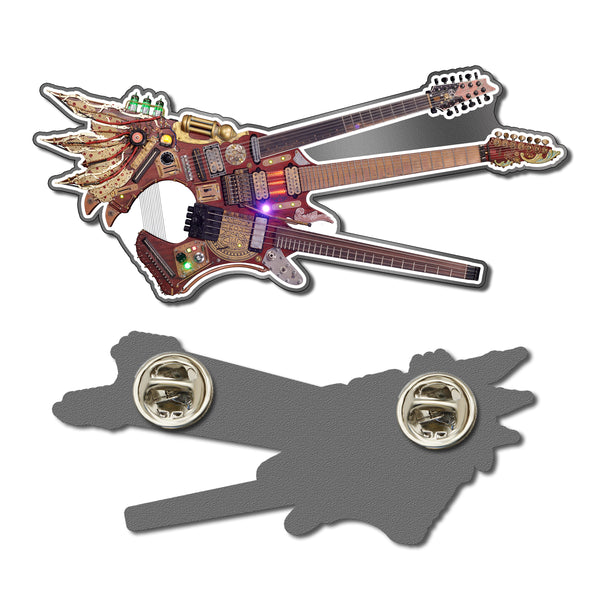 Image of the front and back of an enamel pin against a white background. the front of the pin is an electric guitar that has 3 necks on it. the back of the pin is gray and shows two spots for the pin to attach to something, with the removable backs attached to the pin.