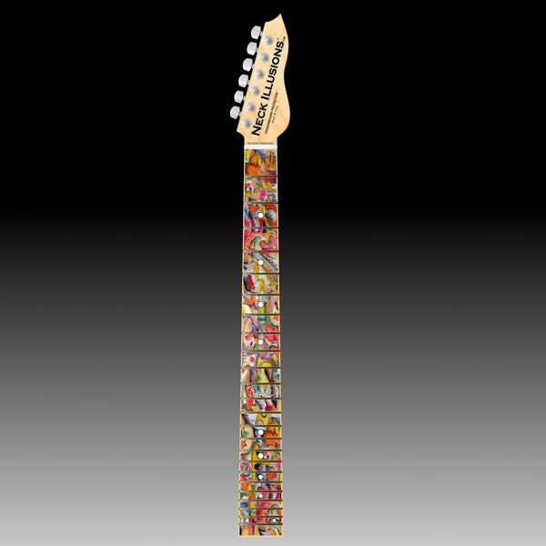 image of a guitar neck with a fret protector on. the fret protector is a variety of shapes and symbols in many colors.