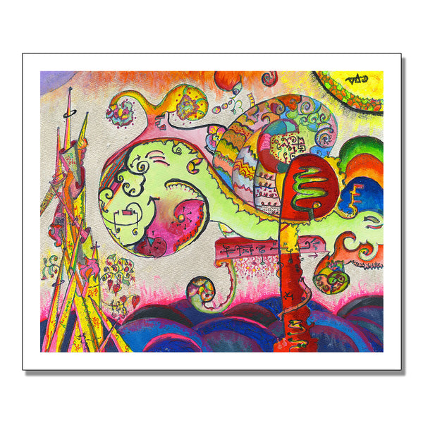 image of a hand numbered art piece by steve vai. the art piece is colorful and features lots of abstract images. there are various shapes and swirls in the colors of yellow, red, pink, blue, green, purple and orange.