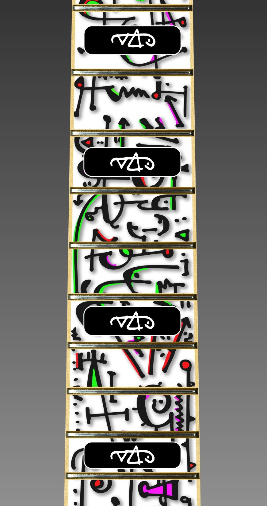 close up image of a guitar neck against a grey background. there is a fret protector on the guitar. it is white with pink/red, green, and black symbols all over it. some of the frets have a black rectangle with a white steve vai logo on it. The steve vai logo makes the word "vai" with an upside down triangle, a right side up one, and a line going across the triangles with a curl at the end next to the triangle that is upright. 