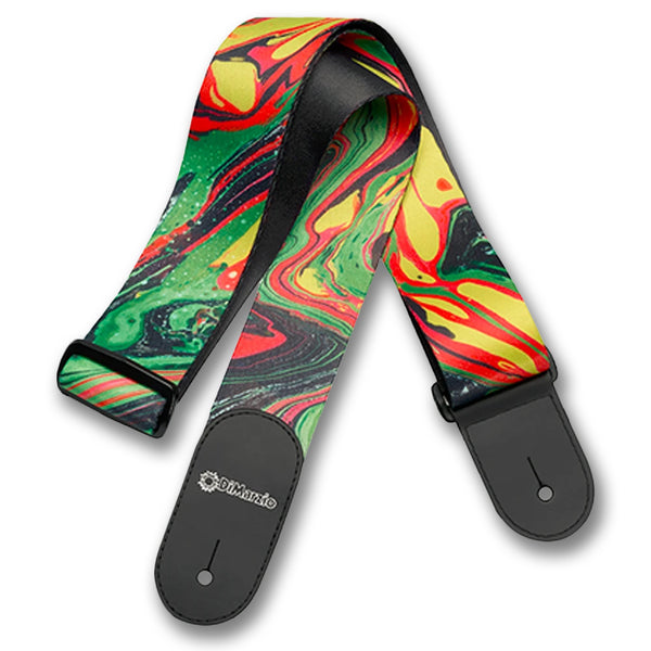 Image of a colorful guitar strap against white background. the guitar strap has black at the bottom where it attaches to the guitar and in white says "DiMarzio".  the strap is a green, orange, yellow, red, and black abstract marbled pattern.