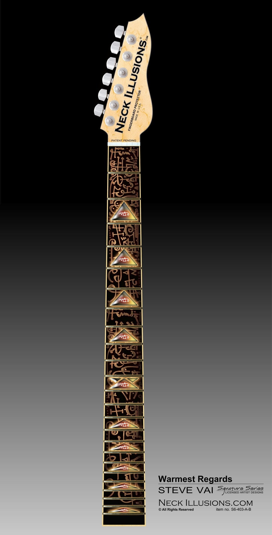 close up image of a guitar neck against a black to grey gradient background. there is a fret protector on the guitar. It is black with light brown symbols all over it. Every other fret has a brown, black and greenish triangle on it with a white steve vai logo in the center of it. The steve vai logo makes the word "vai" with an upside down triangle, a right side up one, and a line going across the triangles with a curl at the end next to the triangle that is upright. 