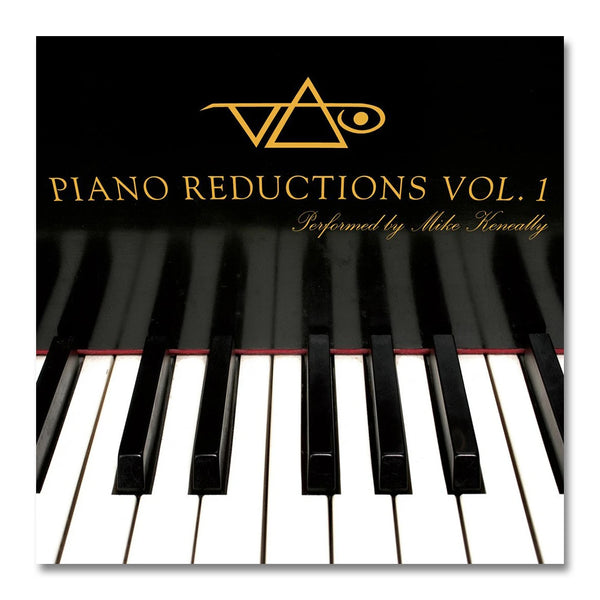 Album artwork for piano reductions volume 1. the artwork is a photo of piano keys. above the keys in gold text is the steve vai logo.  The steve vai logo makes the word "vai" with an upside down triangle, a right side up one, and a line going across the triangles with a curl at the end next to the triangle that is upright.  below that in gold text reads "piano reductions, vol. 1. performed by mike keneally".