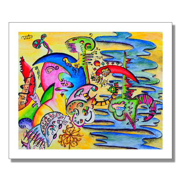 Colorful artwork against whitebackground. the artwork contains abstract images and shapes in blue, green, orange, pink, and yellow. some shapes look like plants, others animals or characters.
