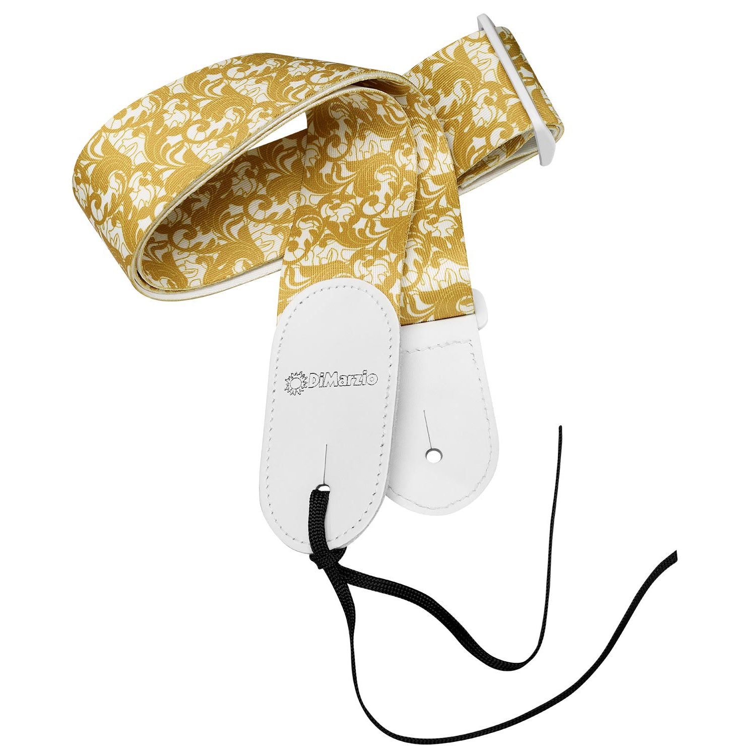 Image of a guitar strap against white background. the guitar strap has black at the bottom where it attaches to the guitar and in white says "DiMarzio". the strap is white and gold with a leafy swirled pattern.