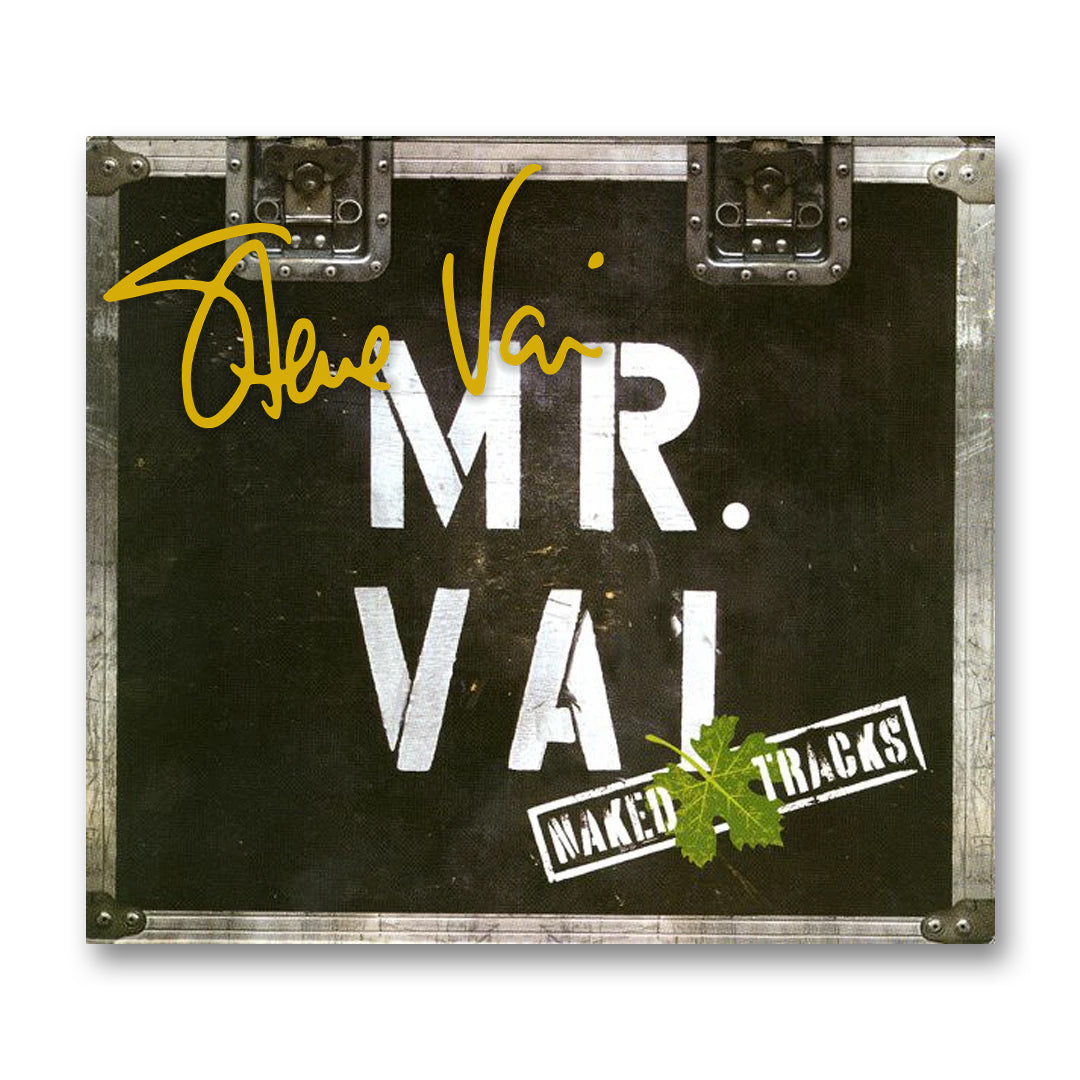 A black Steve Vai road case with metal corners is labeled "MR. VAI" and "NAKED TRACKS Vol. 1-5" in white, features a green leaf motif, and displays a large gold signature at the top, marking it as a signed CD.