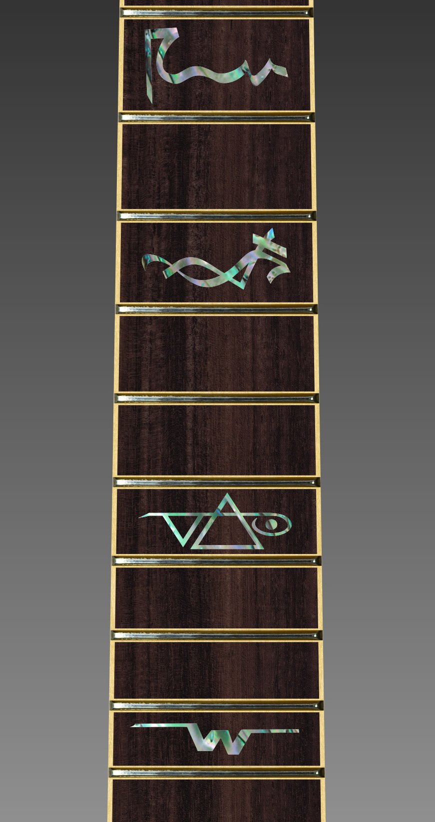  close up image of a guitar neck against a grey background. there is a fret protector on the guitar. It is a dark wood color with blue and grey multi-color symbols on nearly every other fret. One fret has the steve vai logo on it. The steve vai logo makes the word "vai" with an upside down triangle, a right side up one, and a line going across the triangles with a curl at the end next to the triangle that is upright. 