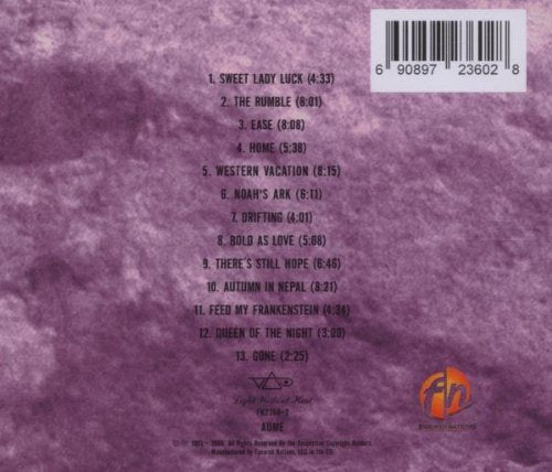 back of the steve vai- various artists: archives vol. 4 album artwork. it is a pink cloudy background, and in black text in the center of the artwork the tracklist and running times of the songs are listed.