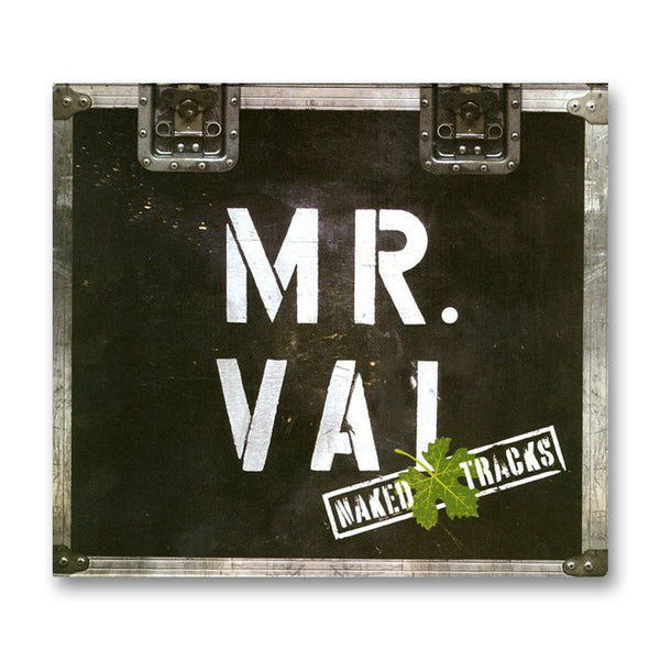 Image of the steve vai naked tracks volume 1-5 cd album art. It is a black case with a silver metal outline. the center says "Mr. Vai" in white text. just below that in a white rectangle reads "naked tracks", and there is a green leaf in between both words. 