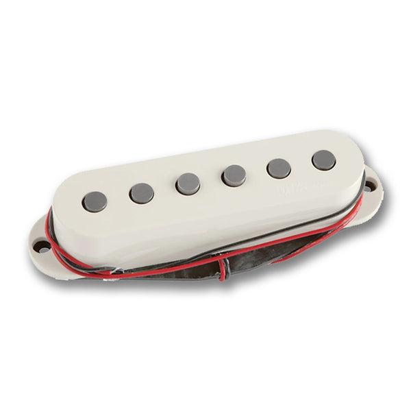 Image of a white guitar pickup against a white background. there are 6 holes that are silver and orange wiring wrapped around the pickup.