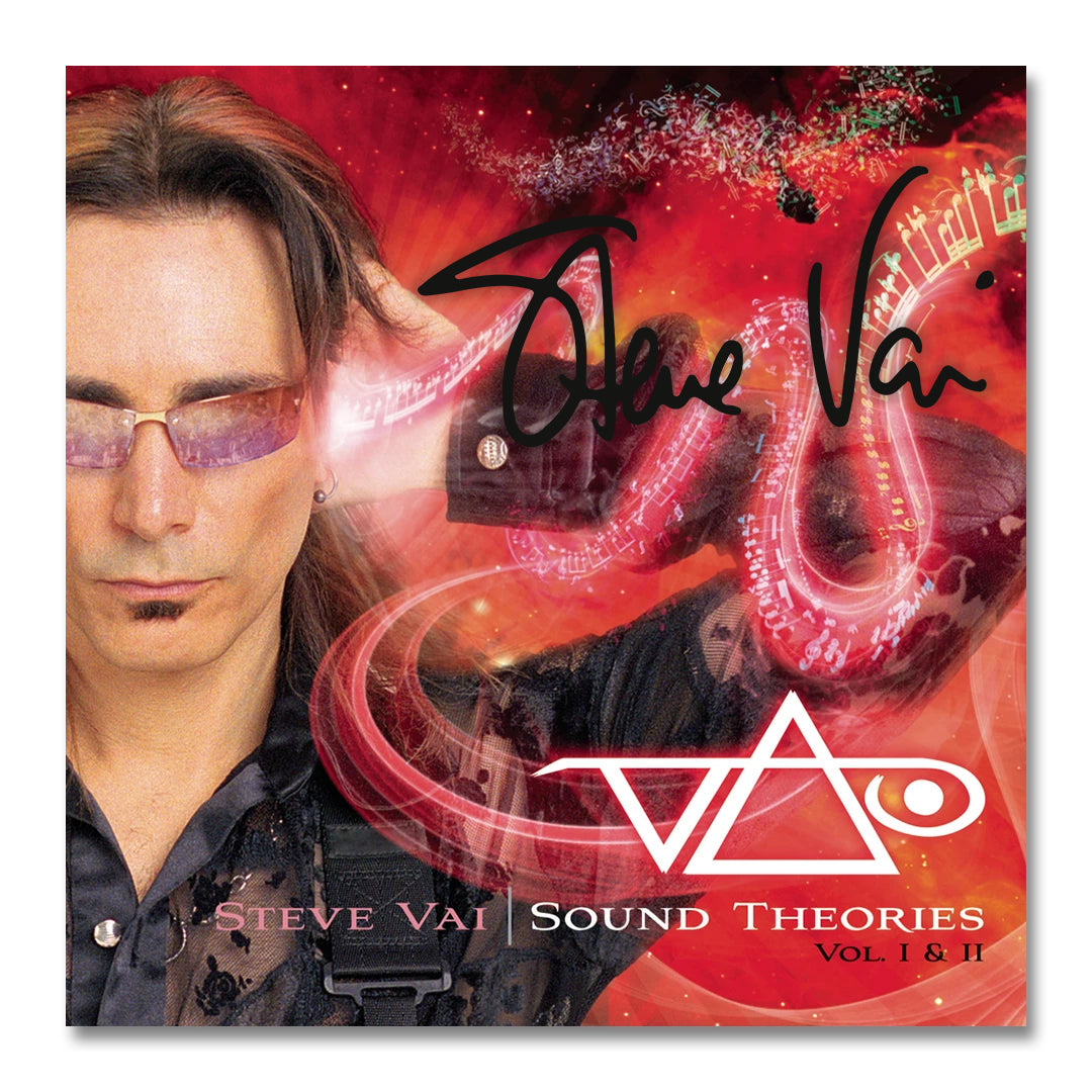 Album cover of Steve Vai wearing tinted glasses on a vivid red background with abstract notes. The Signed CD features his autograph, "Sound Theories Vol. I & II," a bold geometric logo, and the Steve Vai brand name.