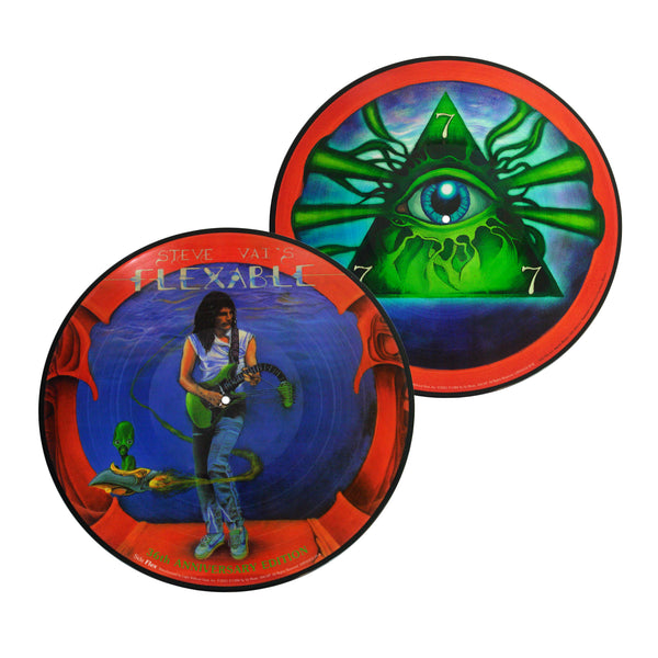 front and back of picture disk vinyl against white background. one side is the album artwork which is red with a blue circle in the center. standing by the blue circle is steve vai playing a green guitar. the neck of the guitar droops down. swirling around steve is an alien in a small ship. above this in blue and white text reads "steve vai's flexable". the other side is a green triangle with an eye in the center, each point of the triangle has white number 7.