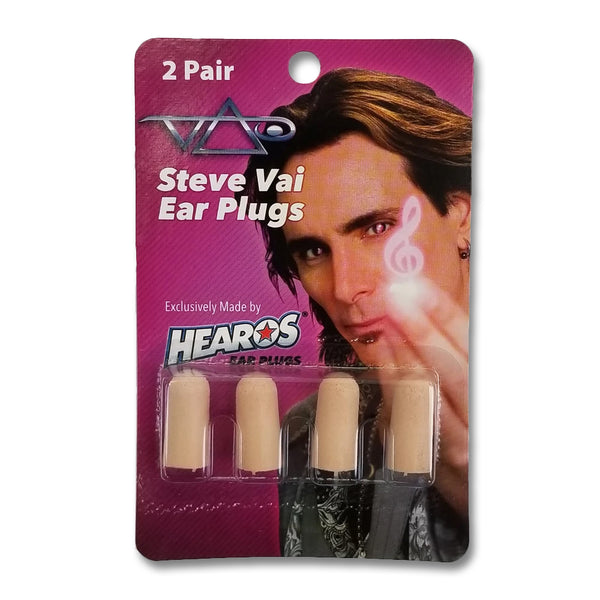 Image of steve vai ear plugs made by hearos against white background. There are two pairs of tan ear plugs in a red package with a photo of steve vai's face on it. the top says 2 pair, then it has the steve vai logo of an upside down triangle, a right side up one, and a line going across the triangles with a curl at the end next to the triangle that is upright. below that says steve vai earplugs in white text. 