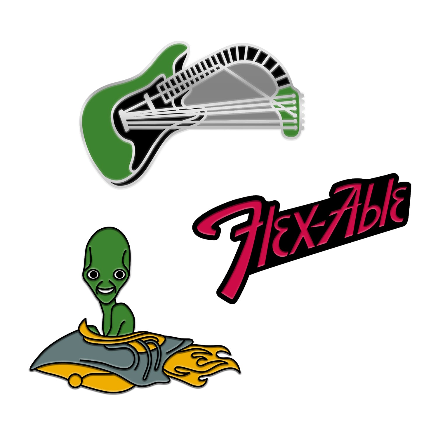 Three enamel pins against white background. One pin is a green electric guitar with a black neck and white strings. The neck of the guitar is bent. Another is a green alien in a grey and yellow rocketship with fire coming out of the back, and the other is a black pin with the word "flex-able" in red.