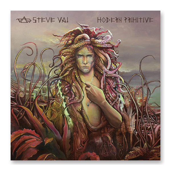 image of steve vai- modern primitive album artwork against white background. across the top reads steve vai, modern primitive. there is a medusa like graphic of a person looking at the camera. the background behind them is a greyish brown. there are tentacles all around the person in a dark red, brown and white colors.