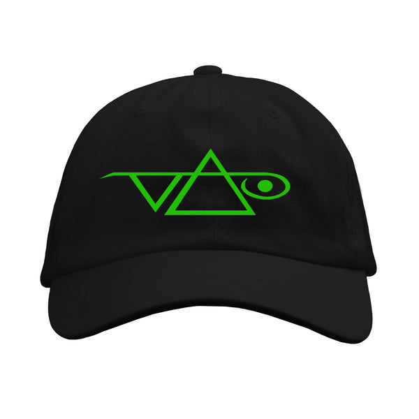 image of a black dad hat against a white background. The hat has the steve vai logo across the center of it in green. The steve vai logo makes the word "vai" with an upside down triangle, a right side up one, and a line going across the triangles with a curl at the end next to the triangle that is upright. 