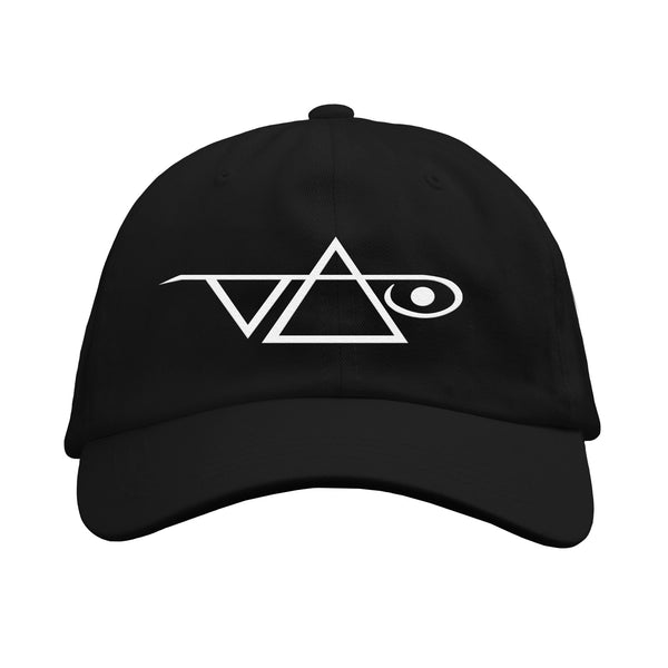 Black dad hat against white background. the center of the hat has the steve vai logo in white.  The steve vai logo makes the word "vai" with an upside down triangle, a right side up one, and a line going across the triangles with a curl at the end next to the triangle that is upright. 