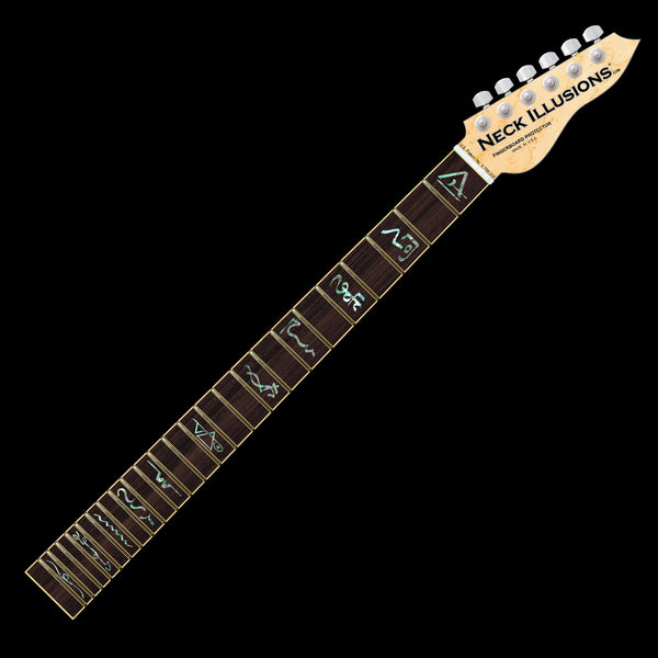 image of a guitar neck against a black background. there is a fret protector on the guitar. It is a dark wood color with blue and grey multi-color symbols on nearly every other fret. One fret has the steve vai logo on it. The steve vai logo makes the word "vai" with an upside down triangle, a right side up one, and a line going across the triangles with a curl at the end next to the triangle that is upright. 
