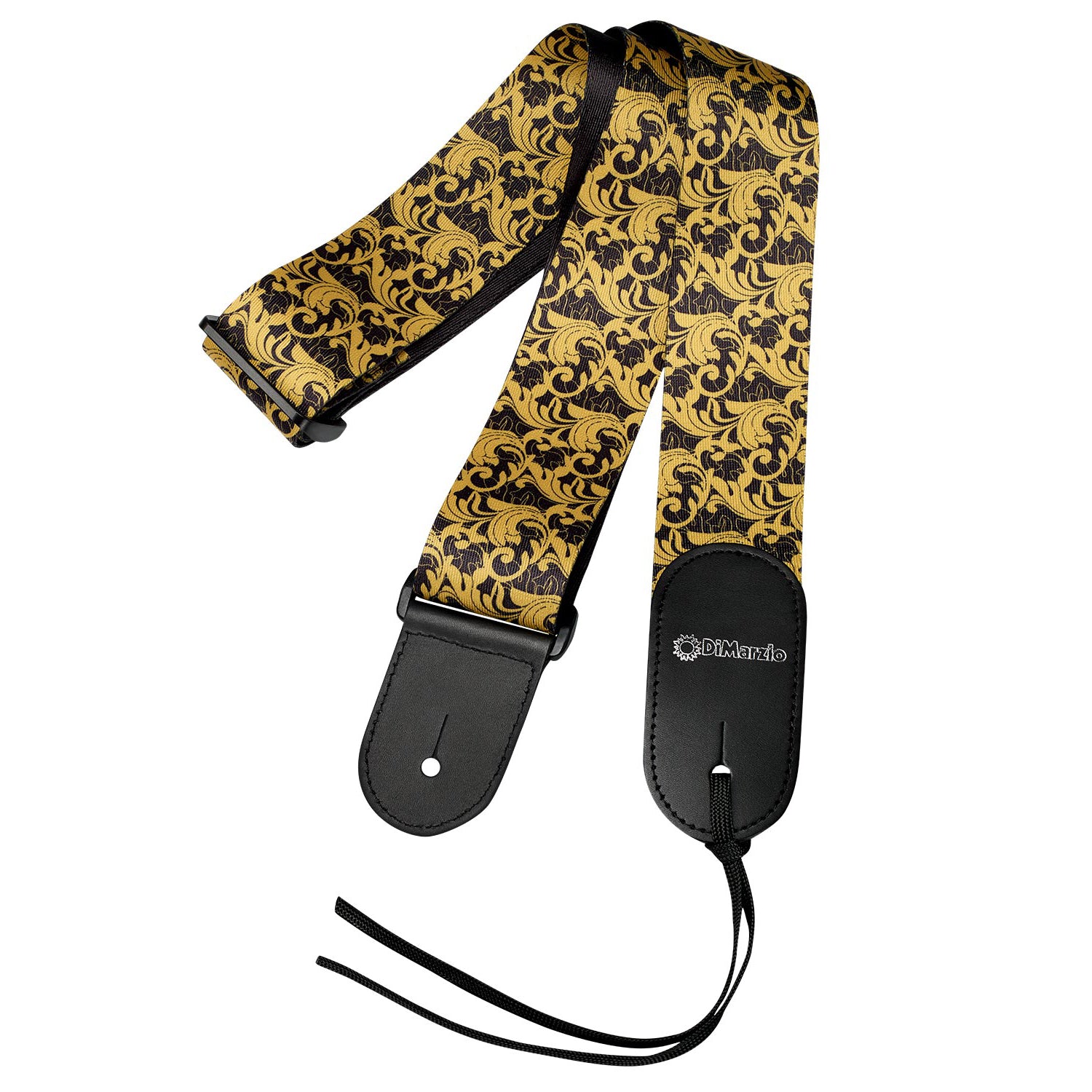  Image of a guitar strap against white background. the guitar strap has black at the bottom where it attaches to the guitar and in white says "DiMarzio". the strap is black and gold with a leafy swirled pattern.
