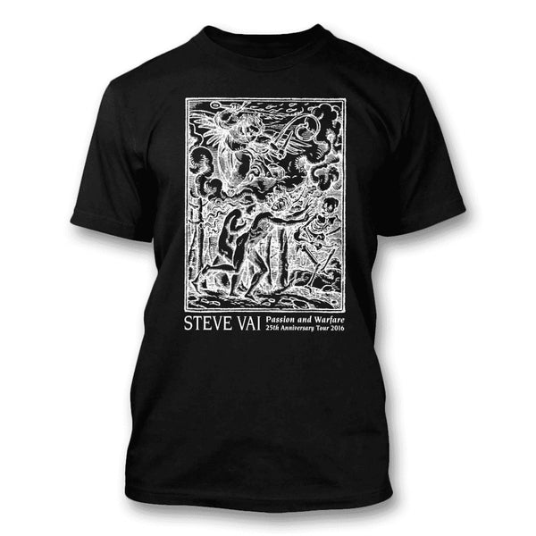 Black t-Shirt on a white background. On the front of the t-Shirt is a squared picture with text under it. The text reads, "Steve Vai: Passion and Warfare 25th Anniversary Tour 2016." The squared picture is a drawing of Adam And Eve and a skeleton running away from God who is winged and holding a sword. Adam and Eve look very scared. The entire print is in white.