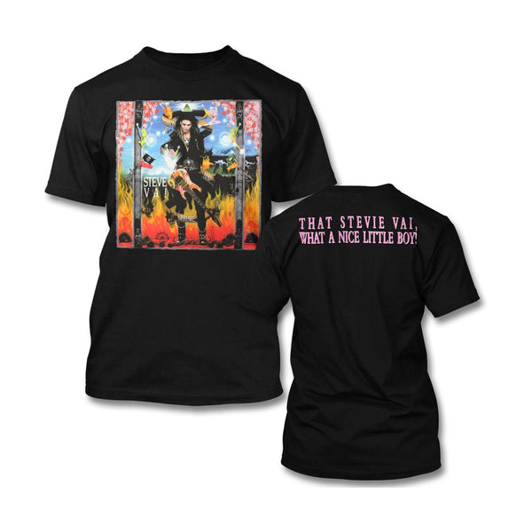 front and back of black tshirt against white background. the front has the steve vai passion and warefare album artwork. steve vai is pictured from head to toe in all black, looking down at a colorful marbled electric guitar. surrounding steve are graphics of fire, fairies, flowers, ship wheels, and pirate flags, all in various colors. there is a green glowing triange above steve vai's head. across the shoulders of the back of the shirt in white and red text reads "that stevie vai, what a nice little boy!"