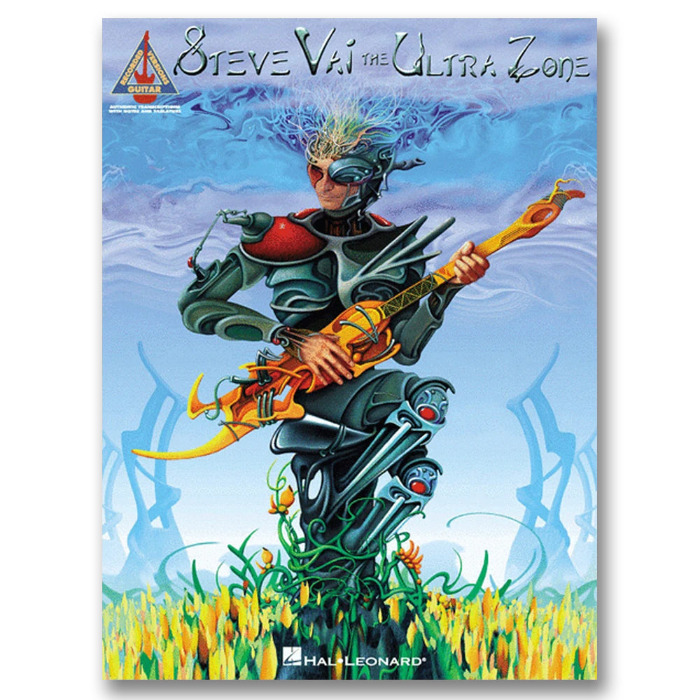 album artwork for a guitar tab book against white background. the artwork is blue. the ground is yellow and green. There is a graphic of steve vai playing the guitar, wearing green and gray armor. the text on the artwork reads "steve vai, the ultra zone".