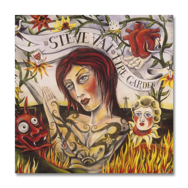 Image of the steve vai fire garden artwork. drawn image of a woman looking towards a cartoon devil face. above her head in a white banner with black text reads "steve vai, fire garden". there is a heart above this in red and green flower stems. there is also various objects around the woman such as fire, dice, and a sword. these are all in red, orange, yellow, and black and white.