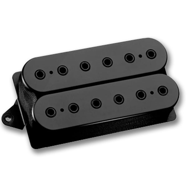 Image of a black guitar pickup against white background. there are 12 holes across the length of the pickup.