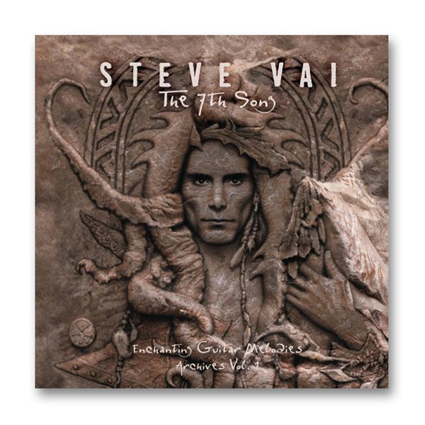 image of steve vai- the 7th song album artwork. the cover is gray and white. it features an image of steve vai looking at the camera, with an abstract coat or headwear wrapped around his head and neck. above his head in white text reads "steve vai, the 7th song". below steve reads "enchanting guitar melodies archives vol. 1".