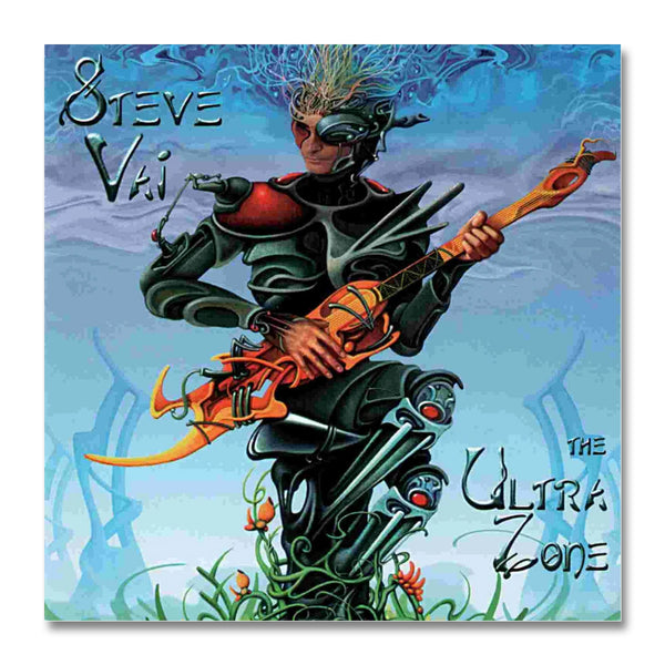album artwork against white background. the artwork is blue. there is a graphic of steve vai playing the guitar, wearing green and gray armor. the text on the artwork reads "steve vai, the ultra zone".