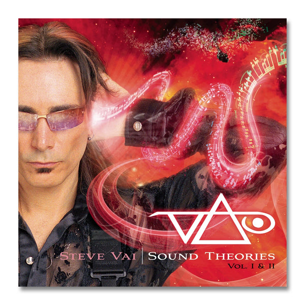 sound theories volume 1 and 2 album artwork. the left side is steve vai, wearing sunglasses, photographed from just below the neck up. his hand is up to his ear. surrounding him are waves of music and dust trails in red. the bottom right has the steve vai logo in white which makes the word "vai" with an upside down triangle, a right side up one, and a line going across the triangles with a curl at the end next to the triangle that is upright. below this reads steve vai, sound theories, volume 1 and 2.