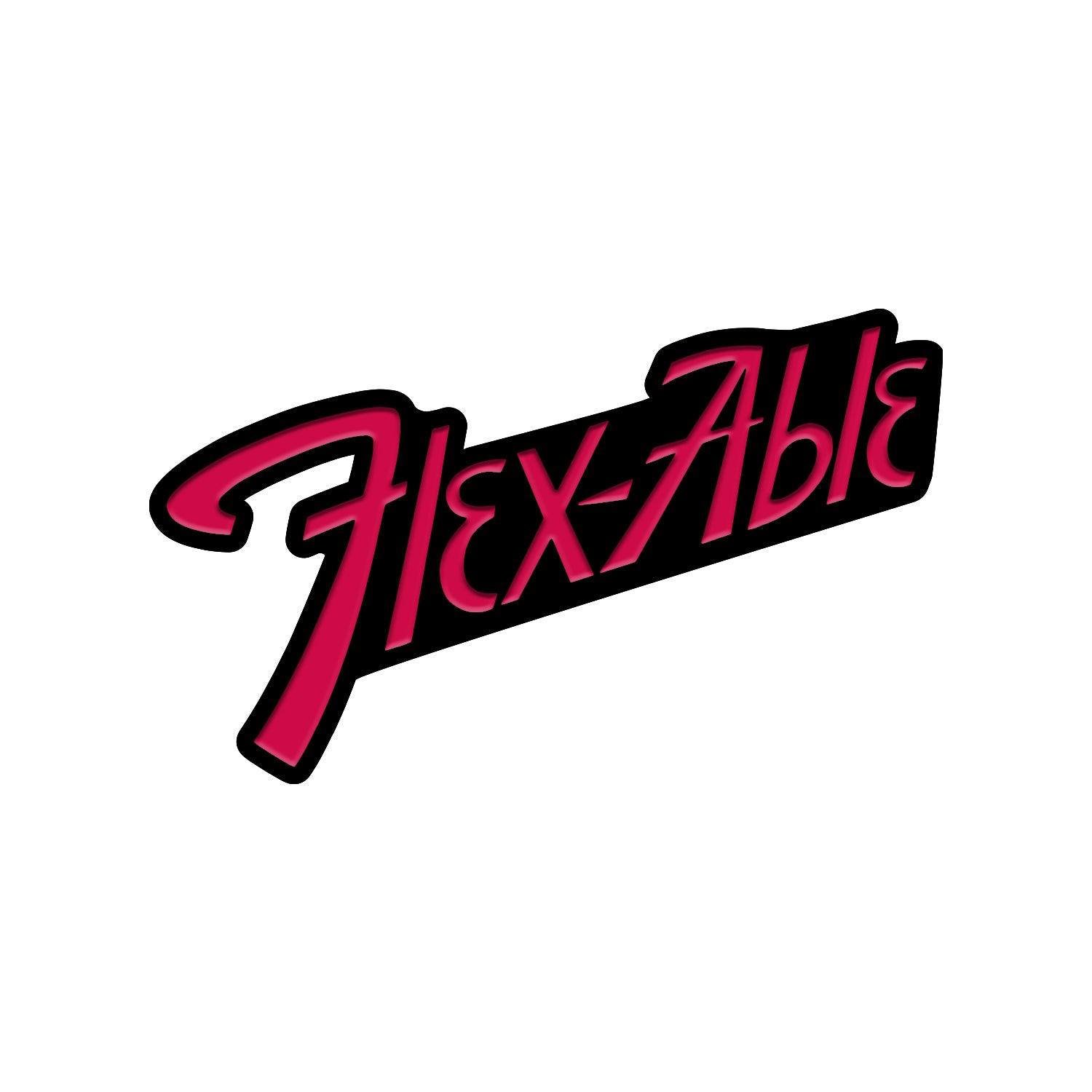 Enamel pin against white background. black pin with the word "flex-able" in red.